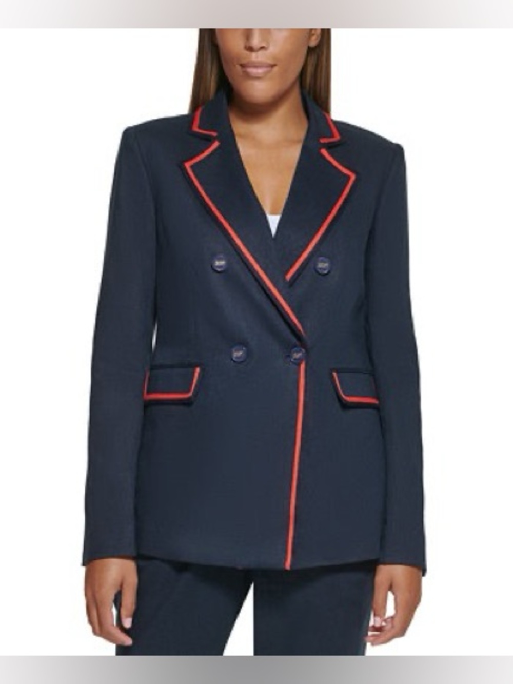 DKNY Navy Linen Blazer Size 6 Red Trim Tailored Lightweight Summer Suit Jacket